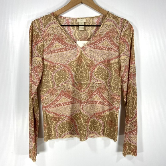 NWT J Jill Paisley Green Rose Long Sleeve V Neck Top Womens Small - Picture 1 of 8